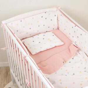 Lenjerie patut bebe 120x60 cm Kidizi Color Hearts din muselina dubla 5 piese – set complet cu aparatoare, cearsaf elastic, perna si paturica