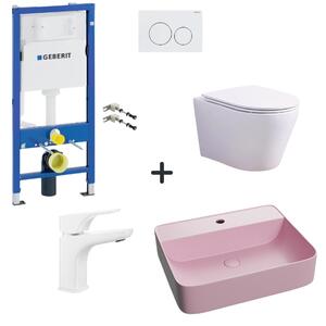 Set vas wc rimless cu capac soft close, lavoar baie roz mat, baterie si rezervor wc cu clapeta alba