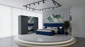 Set Mobila De Dormitor Eric Cu Extensii, pat Eric cu extensii tapitat Albastru 160x200cm, dulap gri 250cm, 2 noptiere tapitate Albastru si saltea