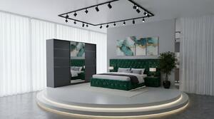 Set Mobila De Dormitor Eric Cu Extensii, pat Eric cu extensii tapitat Verde 160x200cm, dulap gri 250cm, 2 noptiere tapitate verde si saltea 160x200cm
