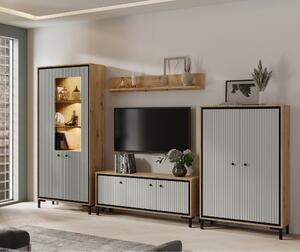 Set living PARII A, stejar artisan/gri, PAL/sticla, cu iluminare LED, 308 cm