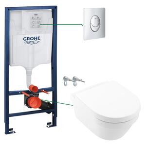 Set vas wc suspendat rimless cu capac VilleroyBoch, Architectura plus rezervor wc incastrat si clapeta crom Skate Air Grohe