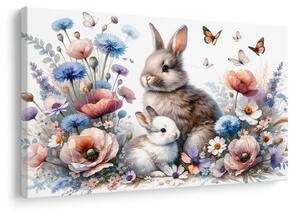 Tablou iepurași în grădina de primăvară înflorită