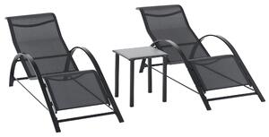 Outsunny Set 2 sezlonguri si masuta cu blat din sticla, sezlong pentru gradina din material respirabil si metal, 59x169x66 cm, negru