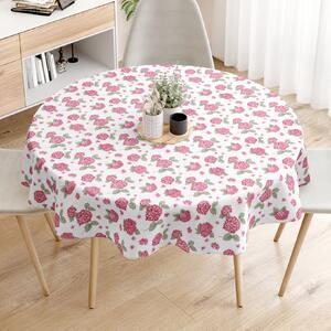Goldea față de masă decorativă loneta - flori de hortensie roz - rotundă Ø 140 cm