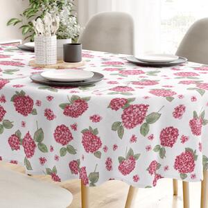 Goldea față de masă decorativă loneta - flori de hortensie roz - ovală 120 x 160 cm