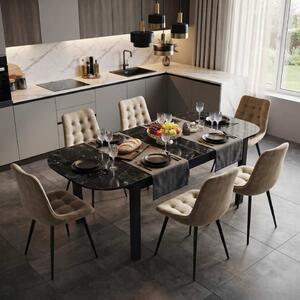 Set Masă Extensibilă Bucătărie / Dining Carla Negru Marmorat 134–174 × 80 × 75 cm cu 6 Scaune Onix Bej, Tapițate, Picioare Metalice Negre