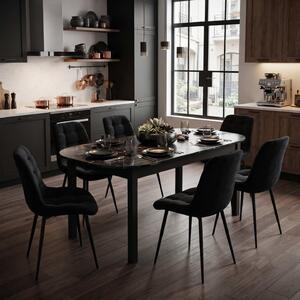Set Masă Extensibilă Bucătărie / Dining Carla Negru Marmorat 134–174 × 80 × 75 cm cu 6 Scaune Onix Negru, Tapițate, Picioare Metalice Negre