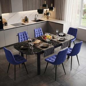 Set Masă Extensibilă Bucătărie / Dining Carla Negru Marmorat 134–174 × 80 × 75 cm cu 6 Scaune Onix Albastru, Tapițate, Picioare Metalice Negre