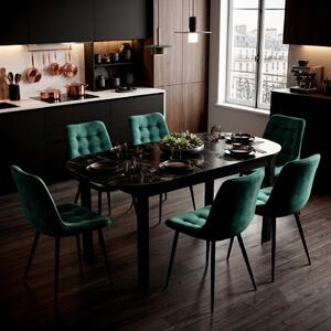 Set Masă Extensibilă Bucătărie / Dining Carla Negru Marmorat 134–174 × 80 × 75 cm cu 6 Scaune Onix Verde Închis, Tapițate, Picioare Metalice Negre