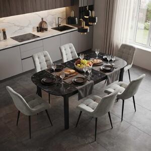 Set Masă Extensibilă Bucătărie / Dining Carla Negru Marmorat 134–174 × 80 × 75 cm cu 6 Scaune Onix Gri Deschis, Tapițate, Picioare Metalice Negre