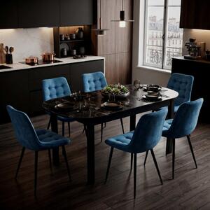 Set Masă Extensibilă Bucătărie / Dining Carla Negru Marmorat 134–174 × 80 × 75 cm cu 6 Scaune Onix Turcoaz, Tapițate, Picioare Metalice Negre