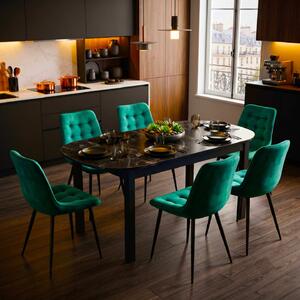 Set Masă Extensibilă Bucătărie / Dining Carla Negru Marmorat 134–174 × 80 × 75 cm cu 6 Scaune Onix Verde, Tapițate, Picioare Metalice Negre