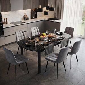 Set Masă Extensibilă Bucătărie / Dining Carla Negru Marmorat 134–174 × 80 × 75 cm cu 6 Scaune Onix Gri, Tapițate, Picioare Metalice Negre