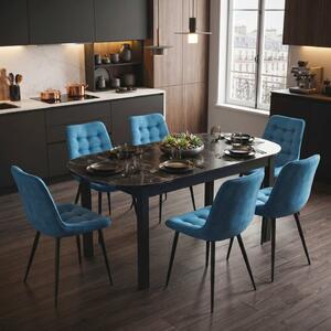 Set Masă Extensibilă Bucătărie / Dining Carla Negru Marmorat 134–174 × 80 × 75 cm cu 6 Scaune Onix Turcoaz Deschis, Tapițate, Picioare Metalice Negre