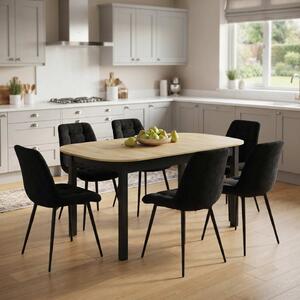 Set Masă Extensibilă Bucătărie / Dining Carla Stejar 134–174 × 80 × 75 cm cu 6 Scaune Onix Negru, Tapițate, Picioare Metalice Negre