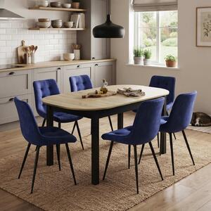 Set Masă Extensibilă Bucătărie / Dining Carla Stejar 134–174 × 80 × 75 cm cu 6 Scaune Onix Albastru, Tapițate, Picioare Metalice Negre