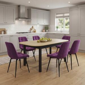 Set Masă Extensibilă Bucătărie / Dining Carla Stejar 134–174 × 80 × 75 cm cu 6 Scaune Onix Mov, Tapițate, Picioare Metalice Negre