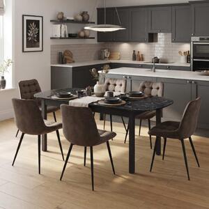 Set Masă Extensibilă Bucătărie / Dining Carla Negru Marmorat 134–174 × 80 × 75 cm cu 6 Scaune Onix Maro, Tapițate, Picioare Metalice Negre