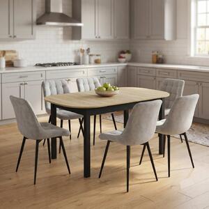Set Masă Extensibilă Bucătărie / Dining Carla Stejar 134–174 × 80 × 75 cm cu 6 Scaune Onix Gri Deschis, Tapițate, Picioare Metalice Negre