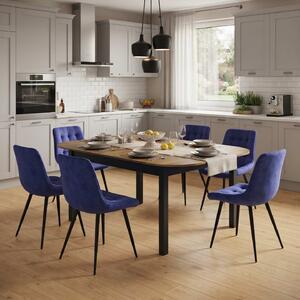 Set Masă Extensibilă Bucătărie / Dining Carla Nuc 134–174 × 80 × 75 cm cu 6 Scaune Onix Albastru, Tapițate, Picioare Metalice Negre