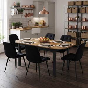 Set Masă Extensibilă Bucătărie / Dining Carla Nuc 134–174 × 80 × 75 cm cu 6 Scaune Onix Negru, Tapițate, Picioare Metalice Negre