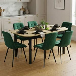 Set Masă Extensibilă Bucătărie / Dining Carla Stejar 134–174 × 80 × 75 cm cu 6 Scaune Onix Verde, Tapițate, Picioare Metalice Negre
