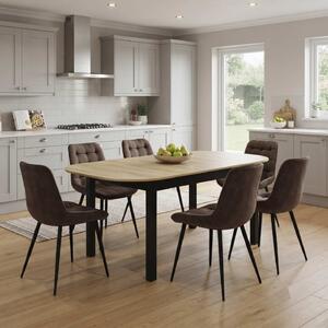 Set Masă Extensibilă Bucătărie / Dining Carla Stejar 134–174 × 80 × 75 cm cu 6 Scaune Onix Maro, Tapițate, Picioare Metalice Negre