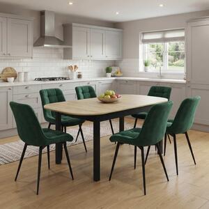 Set Masă Extensibilă Bucătărie / Dining Carla Stejar 134–174 × 80 × 75 cm cu 6 Scaune Onix Verde Închis, Tapițate, Picioare Metalice Negre