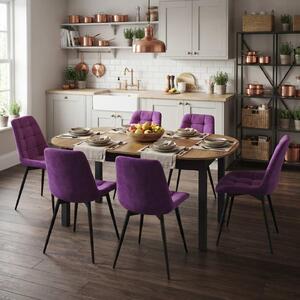 Set Masă Extensibilă Bucătărie / Dining Carla Nuc 134–174 × 80 × 75 cm cu 6 Scaune Onix Mov, Tapițate, Picioare Metalice Negre