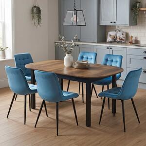 Set Masă Extensibilă Bucătărie / Dining Carla Nuc 134–174 × 80 × 75 cm cu 6 Scaune Onix Turcoaz Deschis, Tapițate, Picioare Metalice Negre