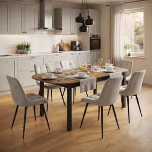 Set Masă Extensibilă Bucătărie / Dining Carla Nuc 134–174 × 80 × 75 cm cu 6 Scaune Onix Gri Deschis, Tapițate, Picioare Metalice Negre