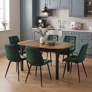 Set Masă Extensibilă Bucătărie / Dining Carla Nuc 134–174 × 80 × 75 cm cu 6 Scaune Onix Verde Închis, Tapițate, Picioare Metalice Negre