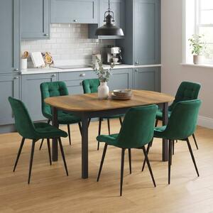 Set Masă Extensibilă Bucătărie / Dining Carla Nuc 134–174 × 80 × 75 cm cu 6 Scaune Onix Verde, Tapițate, Picioare Metalice Negre