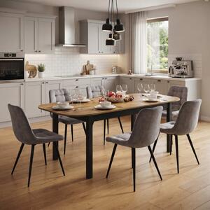 Set Masă Extensibilă Bucătărie / Dining Carla Nuc 134–174 × 80 × 75 cm cu 6 Scaune Onix Gri, Tapițate, Picioare Metalice Negre