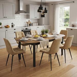 Set Masă Extensibilă Bucătărie / Dining Carla Nuc 134–174 × 80 × 75 cm cu 6 Scaune Onix Bej, Tapițate, Picioare Metalice Negre