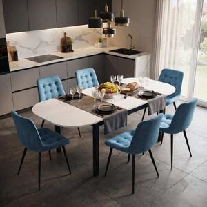 Set Masă Extensibilă Bucătărie / Dining Carla Albă 134–174 × 80 × 75 cm cu 6 Scaune Onix Turcoaz Deschis, Tapițate, Picioare Metalice Negre