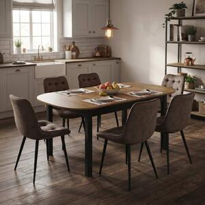 Set Masă Extensibilă Bucătărie / Dining Carla Nuc 134–174 × 80 × 75 cm cu 6 Scaune Onix Maro, Tapițate, Picioare Metalice Negre