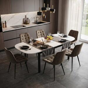 Set Masă Extensibilă Bucătărie / Dining Carla Albă 134–174 × 80 × 75 cm cu 6 Scaune Onix Maro, Tapițate, Picioare Metalice Negre