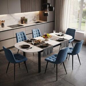 Set Masă Extensibilă Bucătărie / Dining Carla Albă 134–174 × 80 × 75 cm cu 6 Scaune Onix Turcoaz, Tapițate, Picioare Metalice Negre