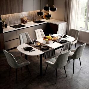 Set Masă Extensibilă Bucătărie / Dining Carla Albă 134–174 × 80 × 75 cm cu 6 Scaune Onix Gri, Tapițate, Picioare Metalice Negre