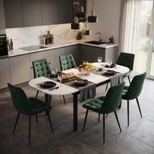 Set Masă Extensibilă Bucătărie / Dining Carla Albă 134–174 × 80 × 75 cm cu 6 Scaune Onix Verde Închis, Tapițate, Picioare Metalice Negre