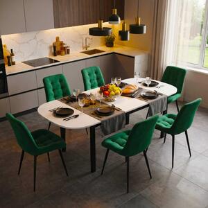 Set Masă Extensibilă Bucătărie / Dining Carla Albă 134–174 × 80 × 75 cm cu 6 Scaune Onix Verde, Tapițate, Picioare Metalice Negre