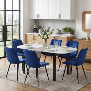 Set Masă Extensibilă Bucătărie / Dining Carla Albă 134–174 × 80 × 75 cm cu 6 Scaune Onix Albastru, Tapițate, Picioare Metalice Negre