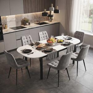 Set Masă Extensibilă Bucătărie / Dining Carla Albă 134–174 × 80 × 75 cm cu 6 Scaune Onix Gri Deschis, Tapițate, Picioare Metalice Negre