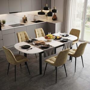 Set Masă Extensibilă Bucătărie / Dining Carla Albă 134–174 × 80 × 75 cm cu 6 Scaune Onix Bej, Tapițate, Picioare Metalice Negre