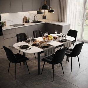 Set Masă Extensibilă Bucătărie / Dining Carla Albă 134–174 × 80 × 75 cm cu 6 Scaune Onix Negru, Tapițate, Picioare Metalice Negre