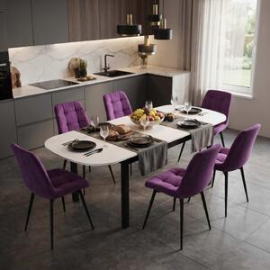 Set Masă Extensibilă Bucătărie / Dining Carla Albă 134–174 × 80 × 75 cm cu 6 Scaune Onix Mov, Tapițate, Picioare Metalice Negre