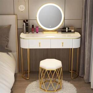 Set Lisa, Masă de toaletă pentru machiaj cu oglindă iluminată LED, control touch, sertar, taburet tapitat, Alb, 100x40x75 cm