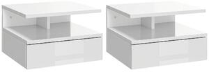HOMCOM Set de 2 Noptiere Suspendate cu Raft Superior, Design Modern, Lemn, Alb Lucios, 35x32x22.5cm | Aosom Romania